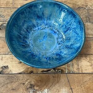 Art Studio Pottery Bowl 7" Clay Salt Glaze Blue Glossy Finish Signed BKG